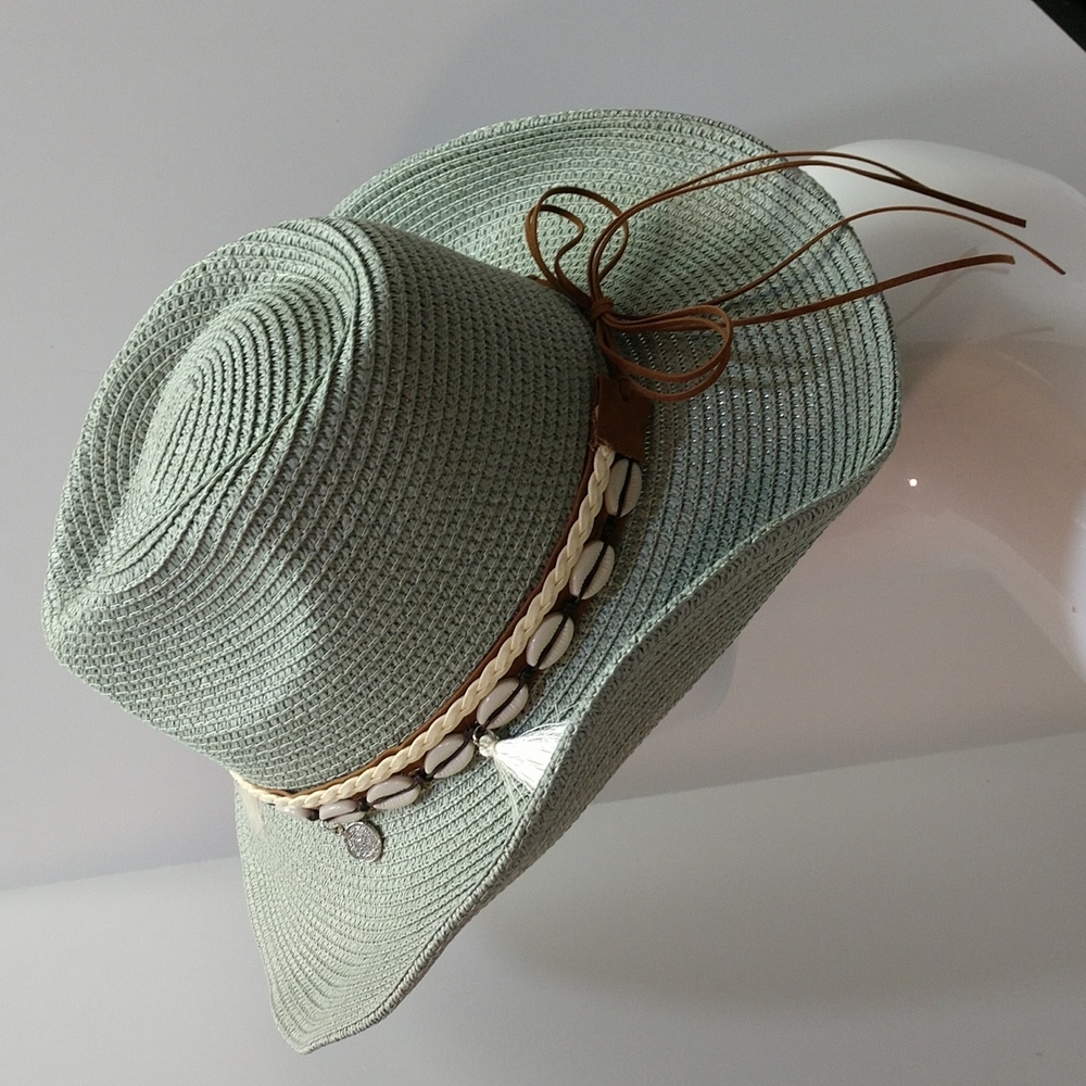 Unisex Woven Western Straw Beach Sun Hat Cowrie Cowry Shells Tassels Sage Green - Picture 12 of 15